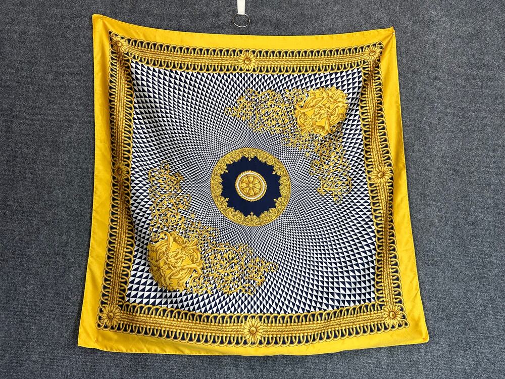 Women's Baroque Print Scarf Gold Yellow Navy Geometric Vintage Style Square